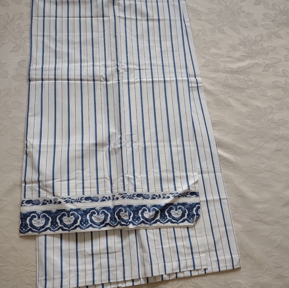 New 🆕 Ralph Lauren Blue White Porcelain Medallion Striped Cotton Flat Sheet